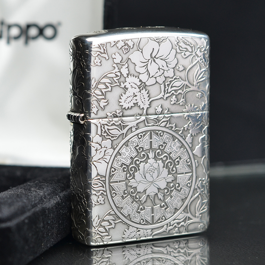 Bật lửa Zippo bạc khối khắc hoa các mặt