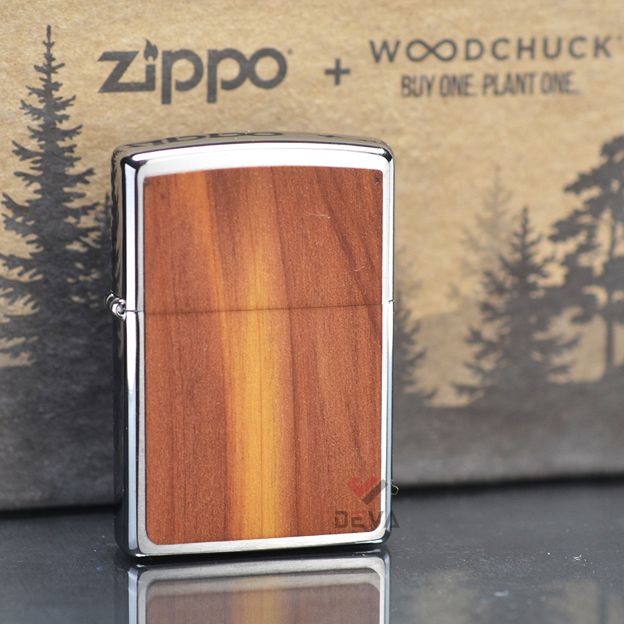 Zippo Mỹ chính hãng mạ chrome ốp gỗ Tuyết Tùng