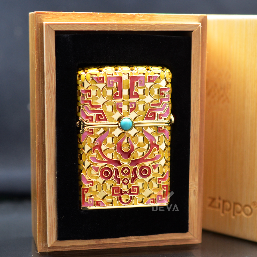 Zippo xuất Nhật Bọc Vàng Ốp Ngọc Chủ Đề Trâu Thần
